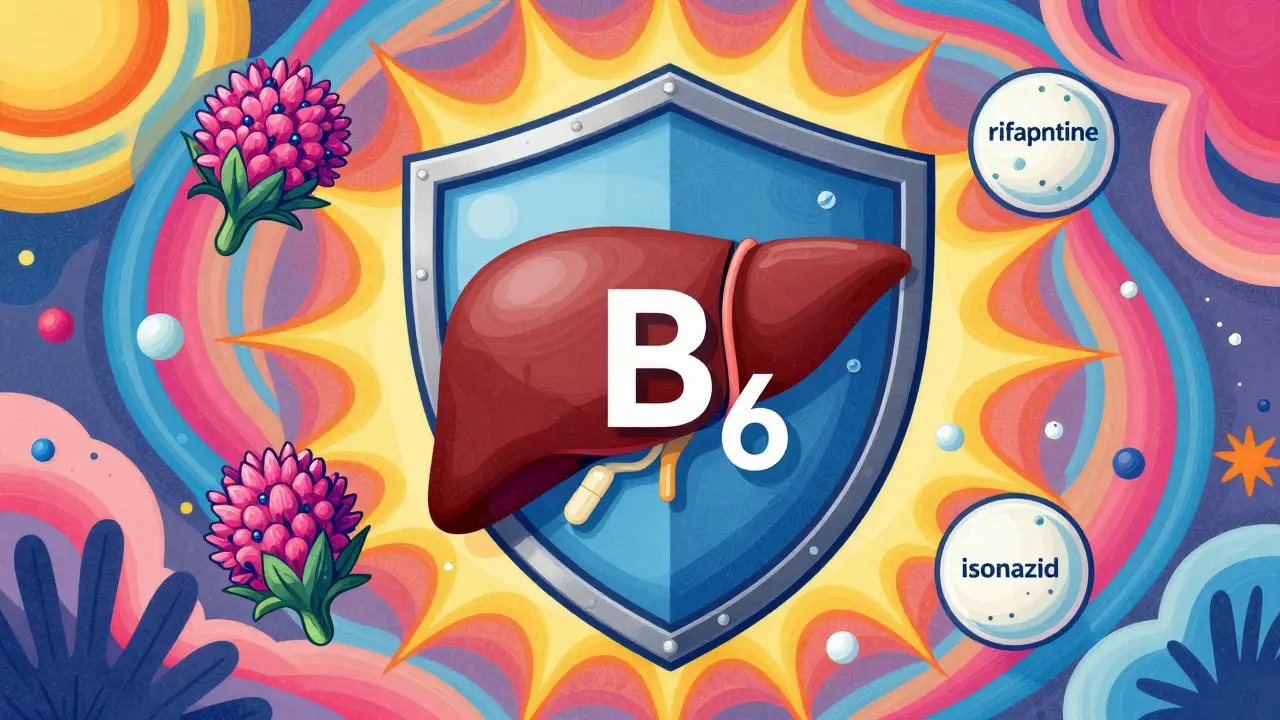 Protective shield of vitamin B6 and milk thistle around liver with new TB drugs.