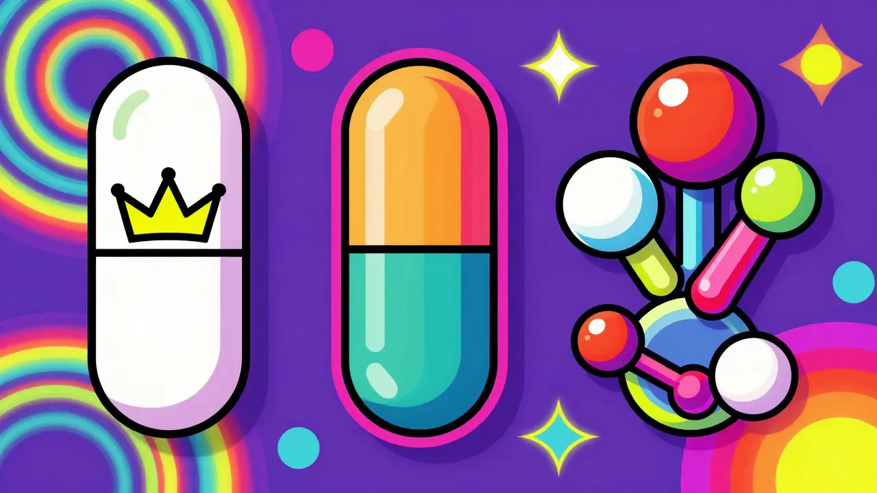 Three pills showing authorized generic, traditional generic, and biosimilar differences.