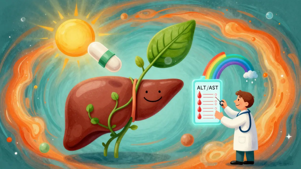Two healing pills hovering over a recovering liver, with a rainbow stethoscope and normalized blood tests.