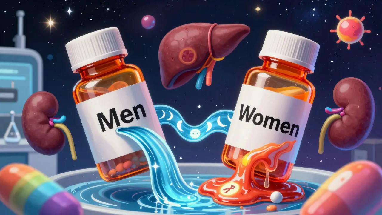 Two pill bottles with different fluid flows showing how women's bodies process drugs slower than men's.