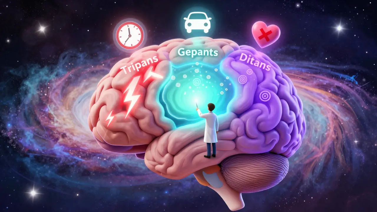 A floating brain divided into three glowing zones showing triptan, gepant, and ditan effects, with medical icons and cosmic colors in Peter Max style.