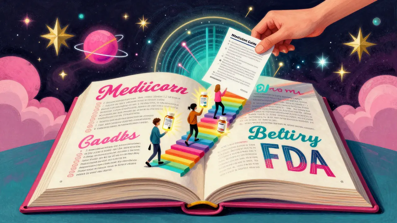 A giant book-shaped FDA building emits rainbow guides as patients ascend a staircase made of pill bottles.