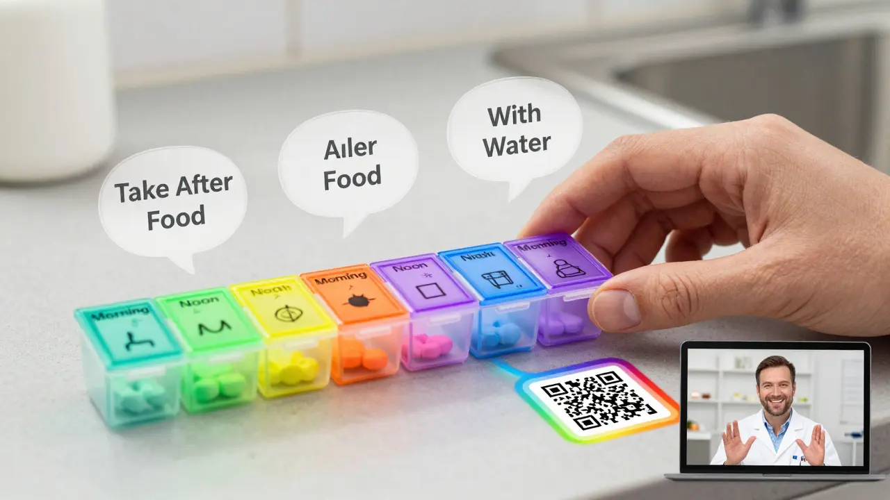 A hand places a rainbow-colored pill organizer on a counter with floating simple instructions and a glowing QR code.