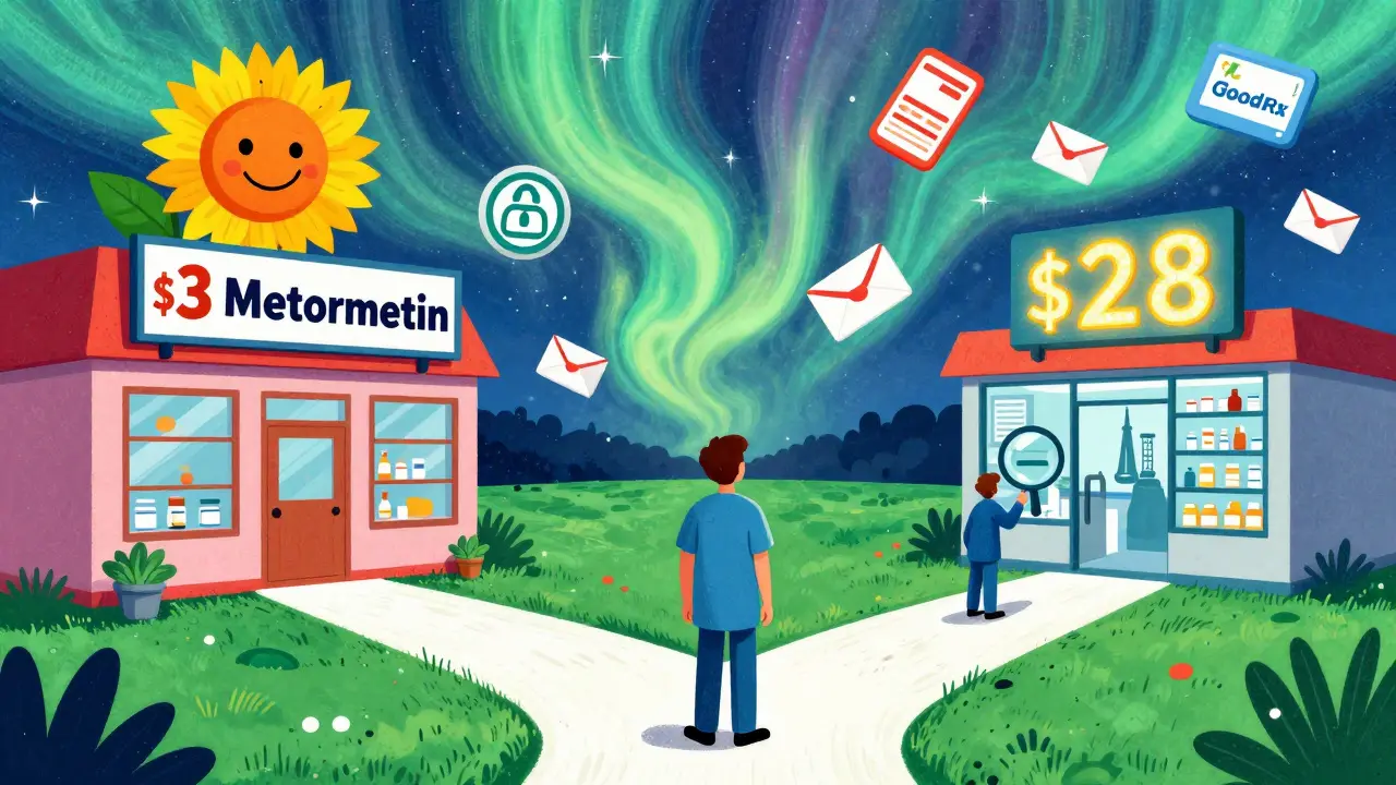 A patient choosing between affordable and expensive pharmacies, surrounded by health tools like GoodRx and mail-order options under a vibrant aurora.