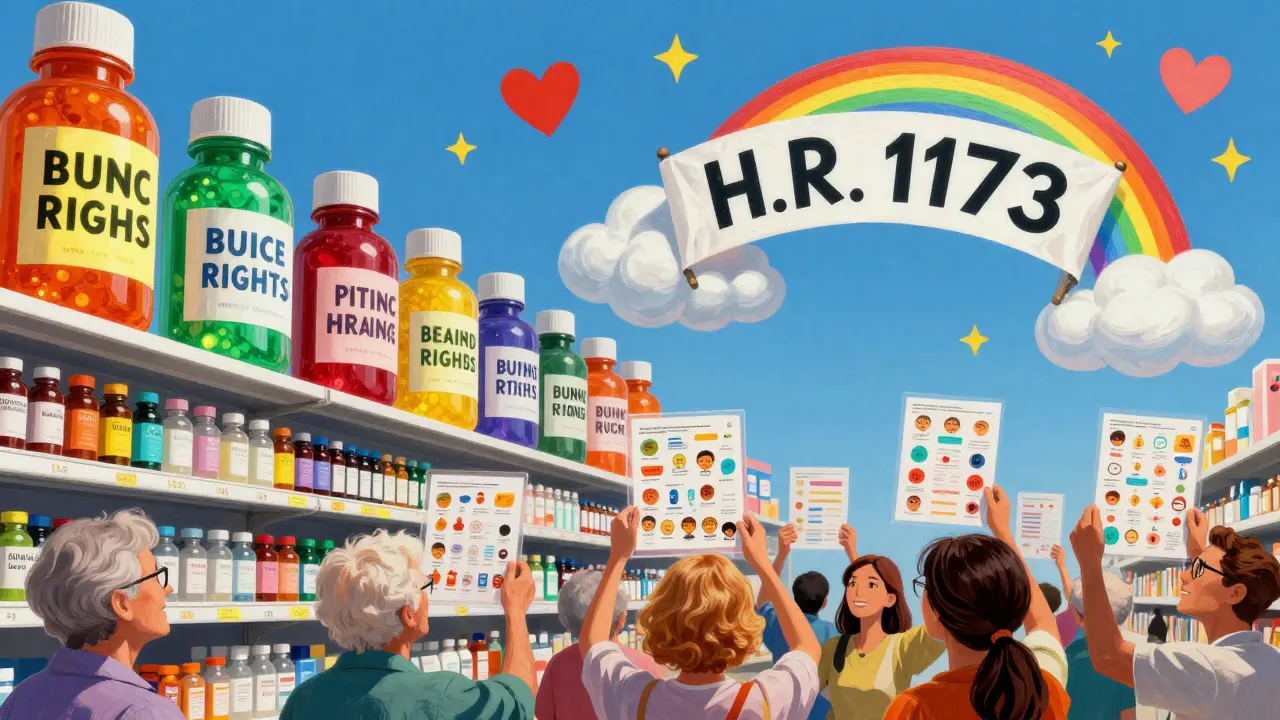 A surreal pharmacy shelf with rainbow medicine bottles and glowing plain-language labels under a banner for H.R. 1173.