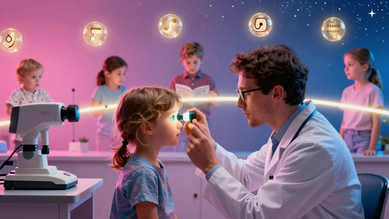 A timeline shows children being screened from infancy to teenhood, with vision problems dissolving into light.