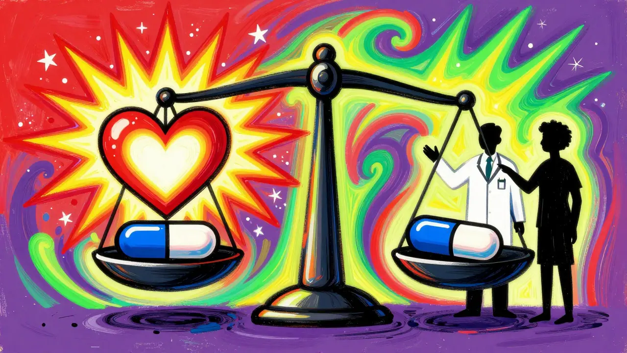 Artistic scale balancing a heart icon and medicine capsule in colorful style.