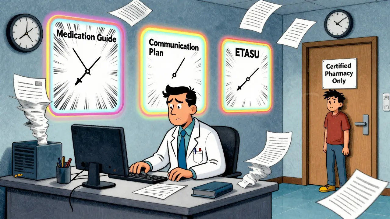 Doctor surrounded by glowing REMS components while a patient waits outside a certified pharmacy door.