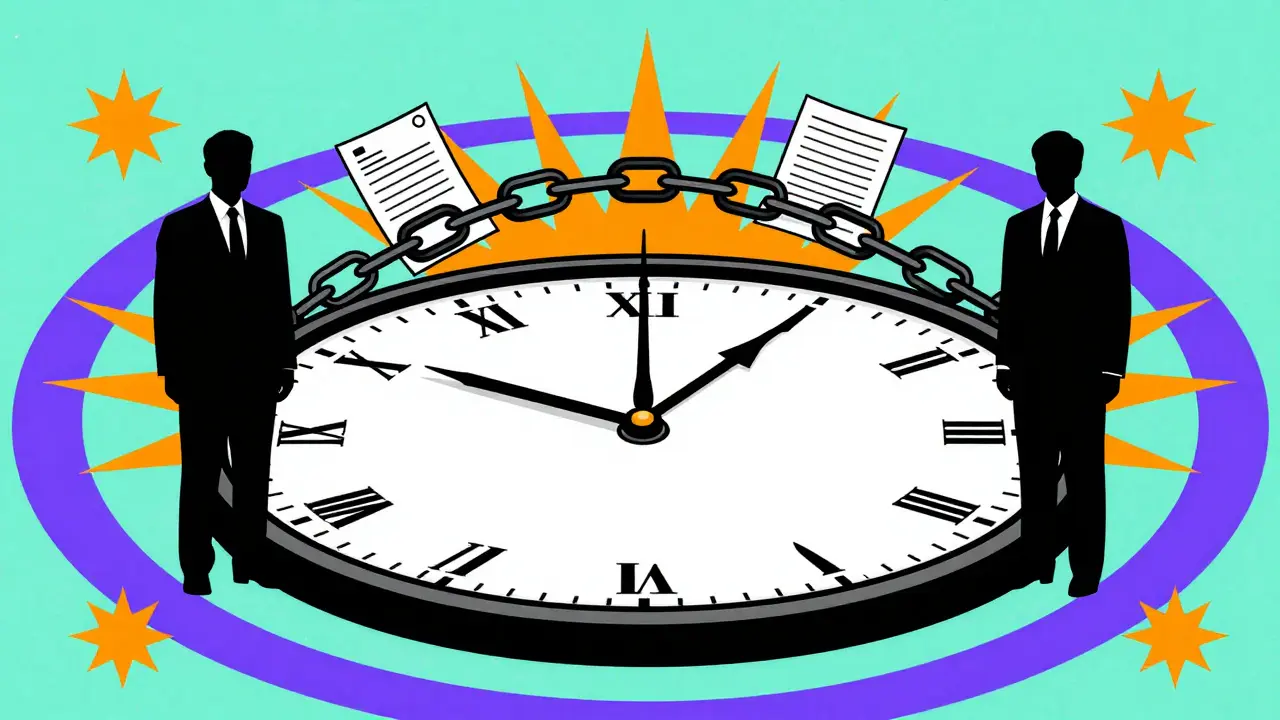 Illustrated hourglass paused between legal and science figures.