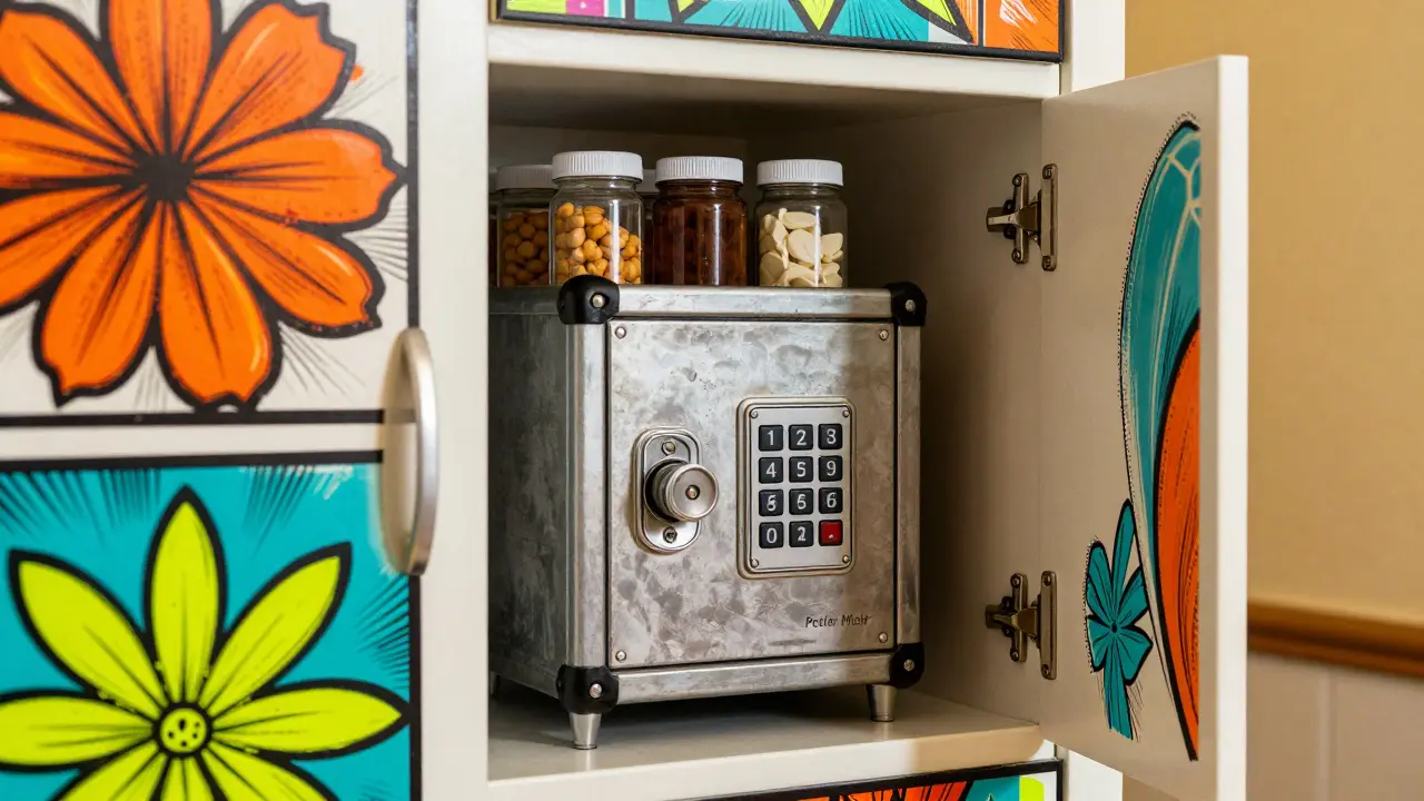 Metal lockbox for pills inside high kitchen cabinet drawer
