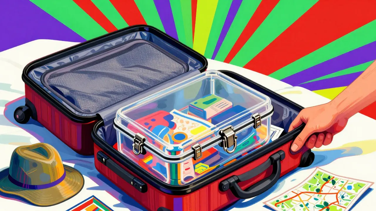 Open suitcase with locked medical case packed for travel