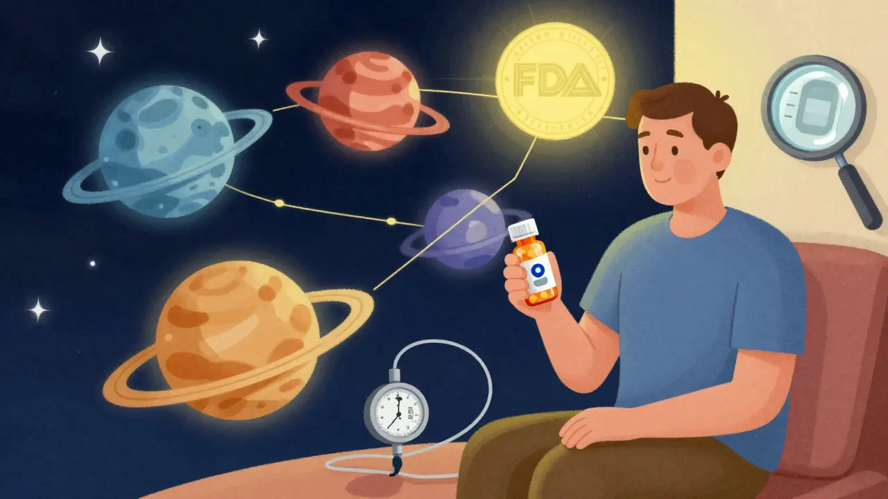 Patient holding a familiar pill bottle while other generic versions orbit like planets, connected to health monitors in a cosmic scene.