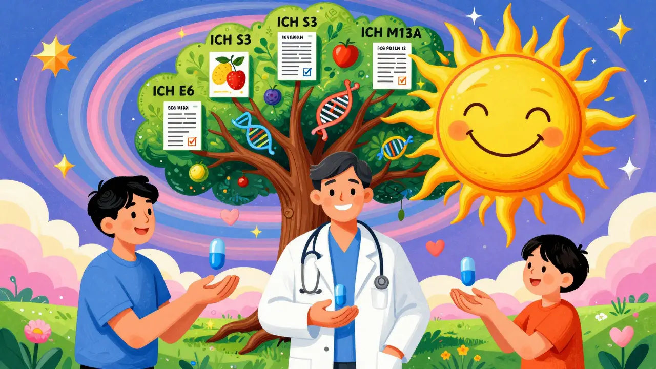 Patients in three countries receive identical pills from a smiling sun-lab coat, under a tree with ICH guideline branches.