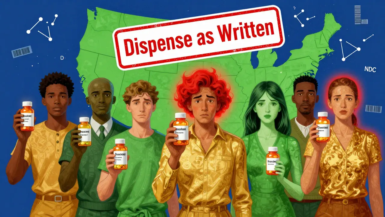 People with glowing auras hold pill bottles; one looks uneasy after switching, while others are calm, with 'Dispense As Written' stamp above.