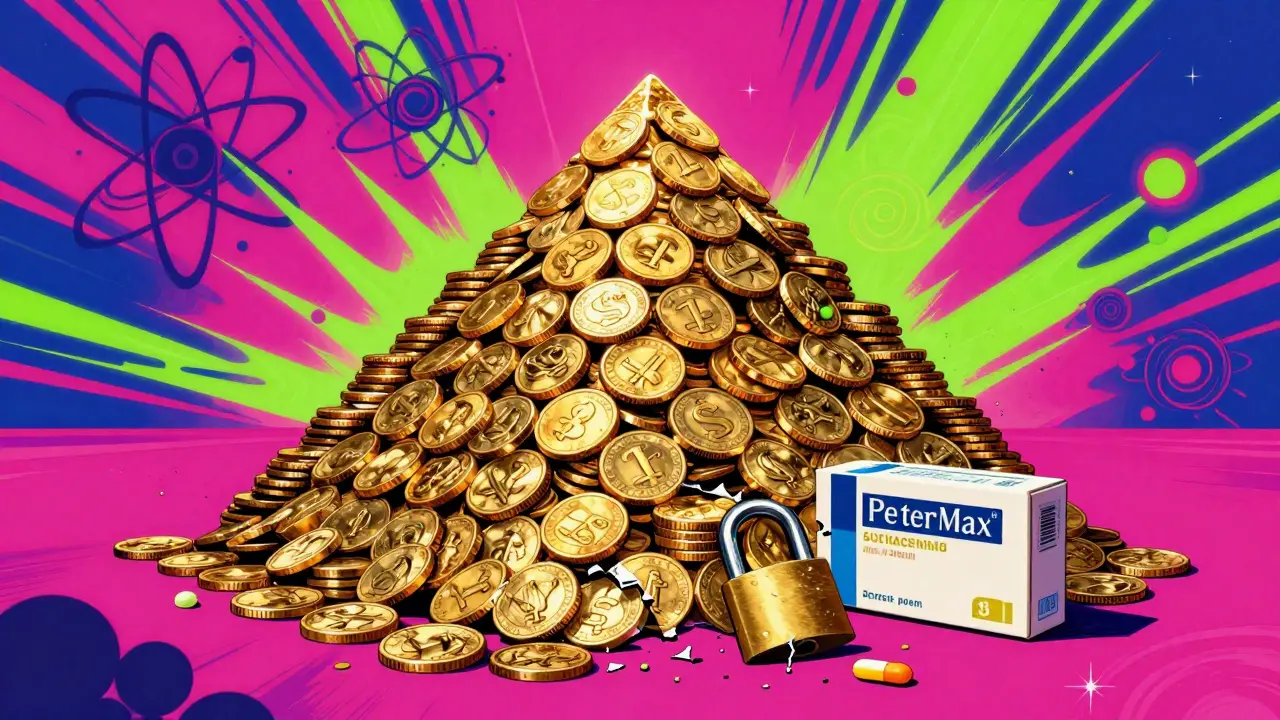 Pop art showing money stacks versus affordable pills with broken chain.