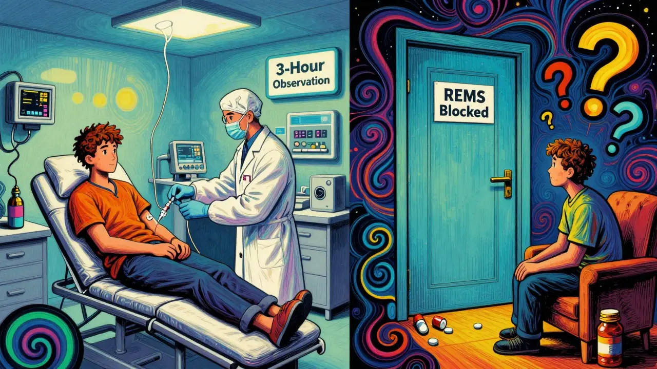 Split scene: one side shows safe drug administration with monitoring, the other shows a blocked pharmacy access.