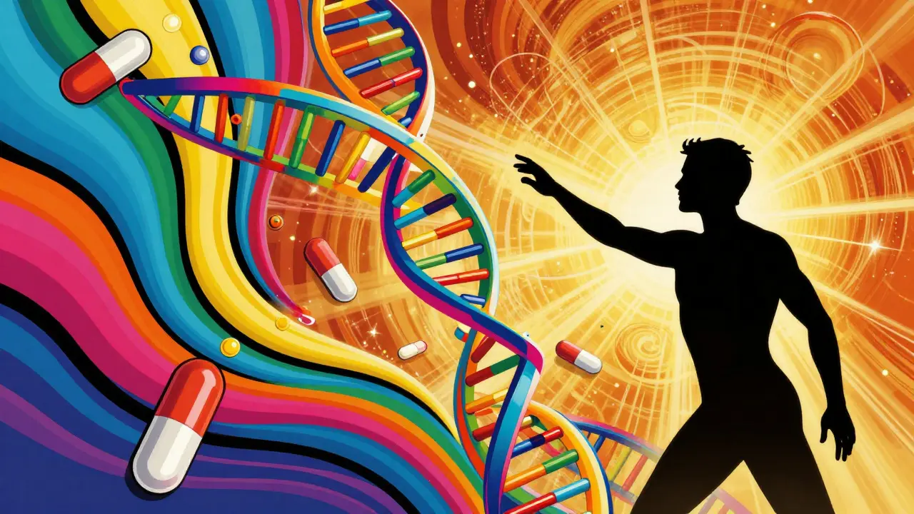 Swirling DNA strand and pills representing the future of medical safety monitoring.