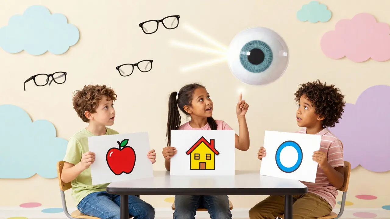 Three children identify symbols on a cartoon vision chart, with a glowing eye above detecting vision issues.