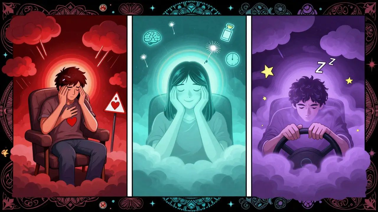 Three people react to migraine meds: one with chest pressure, one calm with CGRP flow, one drowsy behind a wheel—all in psychedelic Peter Max style.