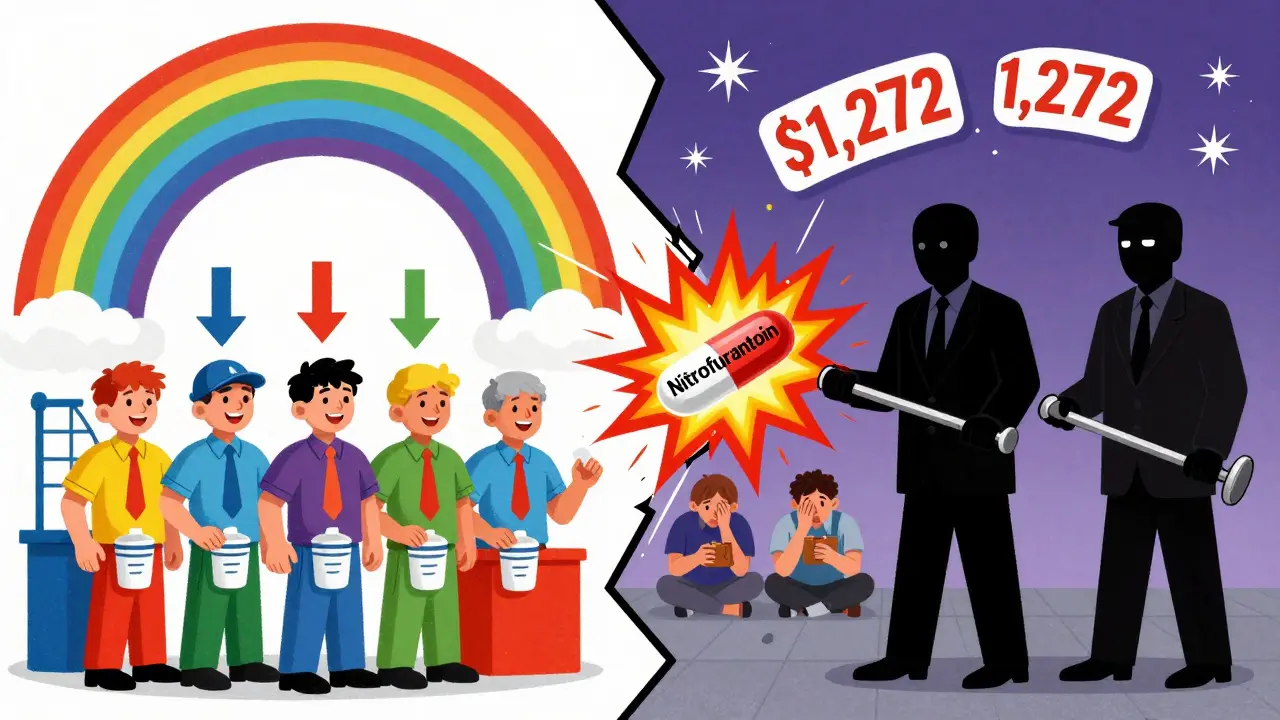 Two sides of the generic drug market: one with multiple manufacturers lowering prices, the other with monopolistic figures causing a price explosion.