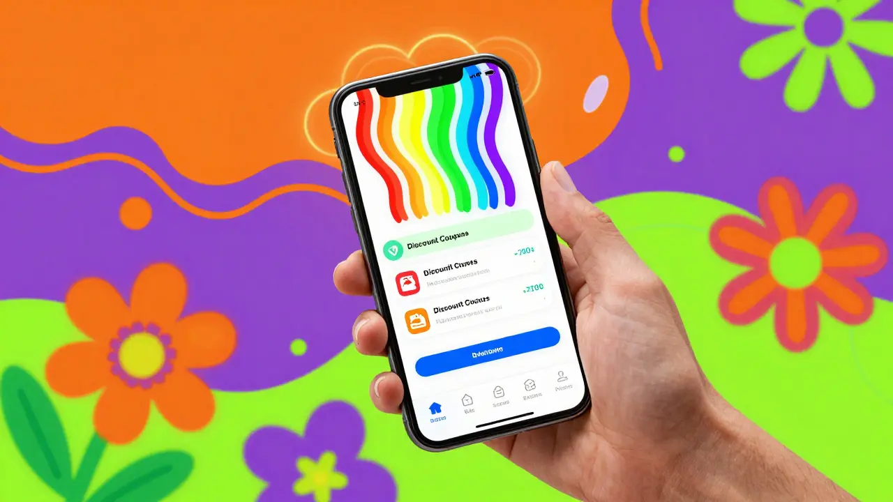 A hand holding a smartphone with colorful waves symbolizing online pharmacy discounts