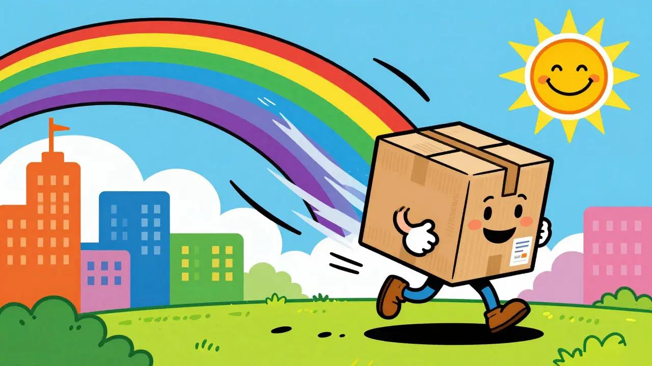 A package arriving through a rainbow vortex in a vibrant, stylized city