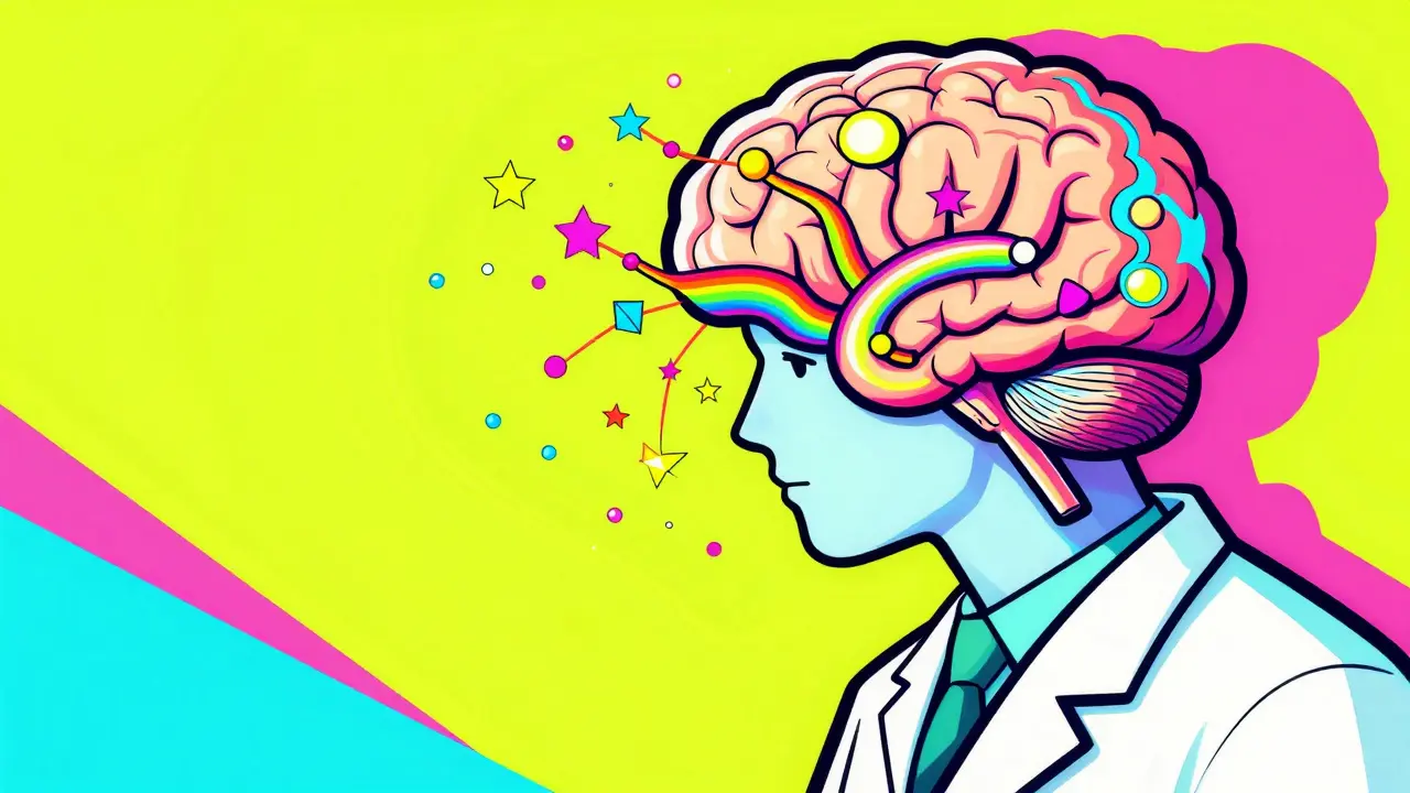 A stylized image of a pharmacist's mind as a rainbow map of communication checkpoints.