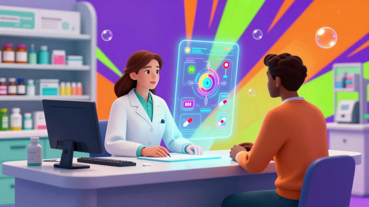 A vibrant, cosmic depiction of a pharmacist using an AI holographic tool to counsel a patient.