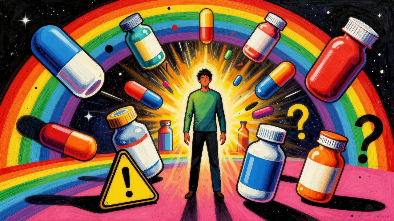 Abstract art showing a person surrounded by swirling colorful medicine bottles and warning symbols.