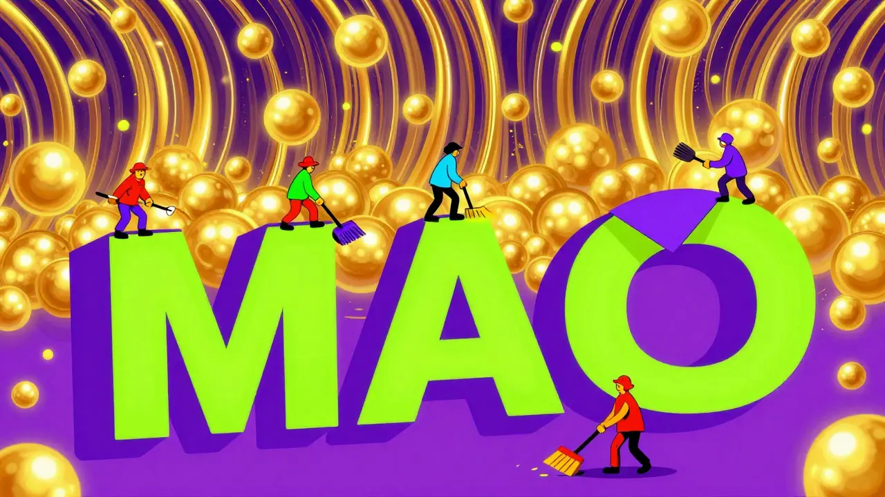 Abstract graphic showing colorful enzyme characters being blocked by neon geometric shapes.