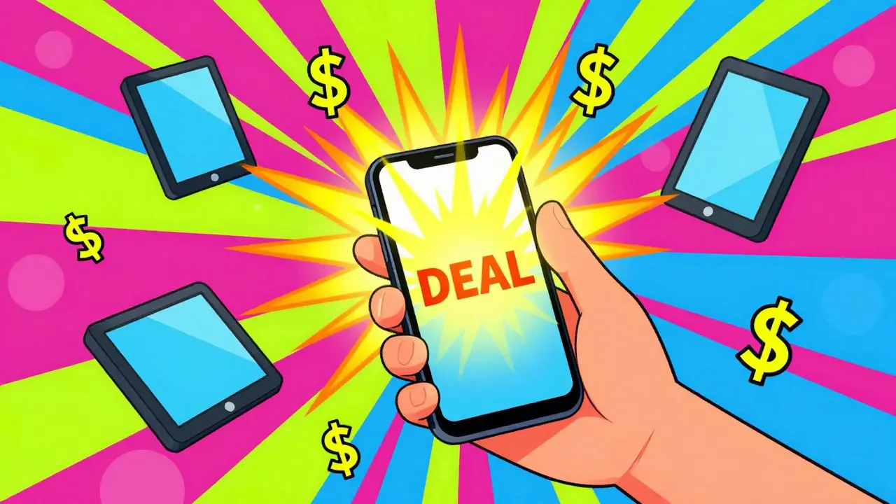 Colorful pop art of a hand with a smartphone surrounded by floating pills and currency symbols.