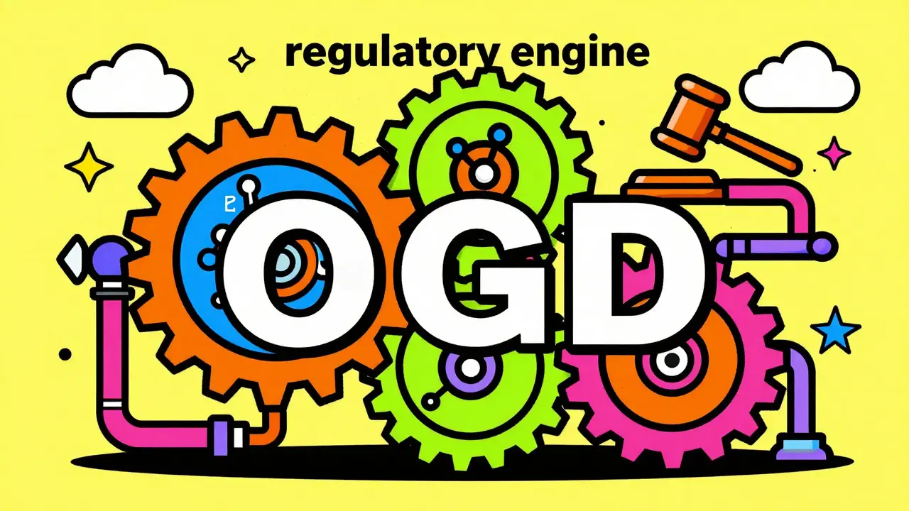 Colorful pop-art representation of a complex regulatory machine processing drug applications.