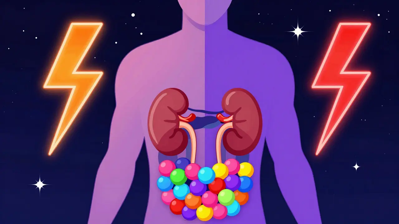 Human silhouette showing enlarged kidneys and neon lightning bolts representing high blood pressure.