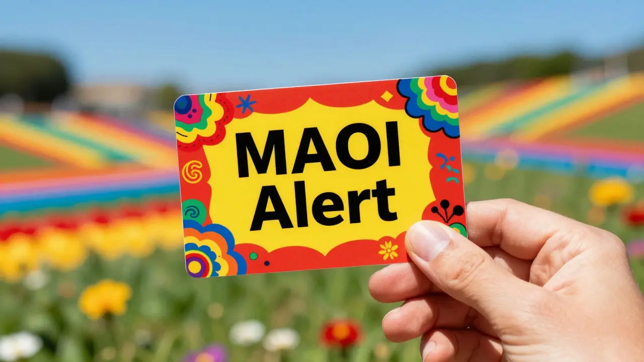 Pop-art style hand holding a bright medical alert card against a rainbow background.