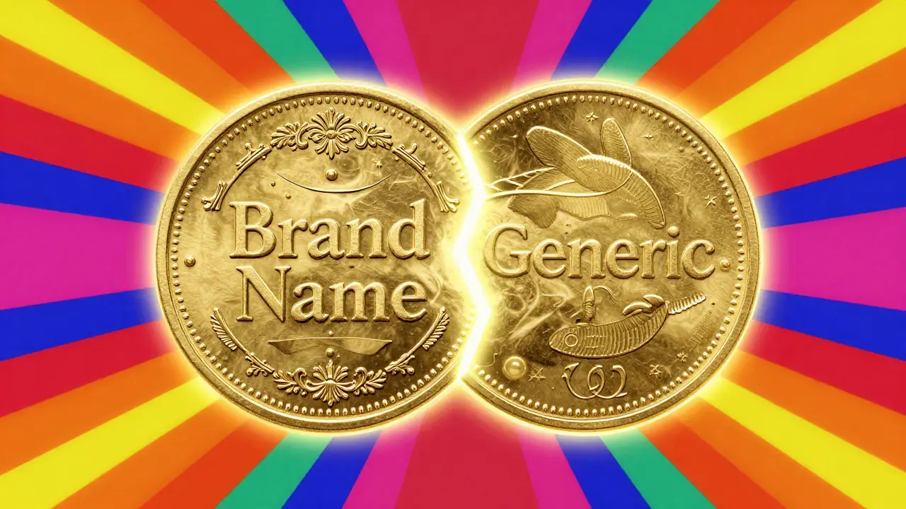 Psychedelic art showing a gold coin splitting to represent savings between brand and generic medicine