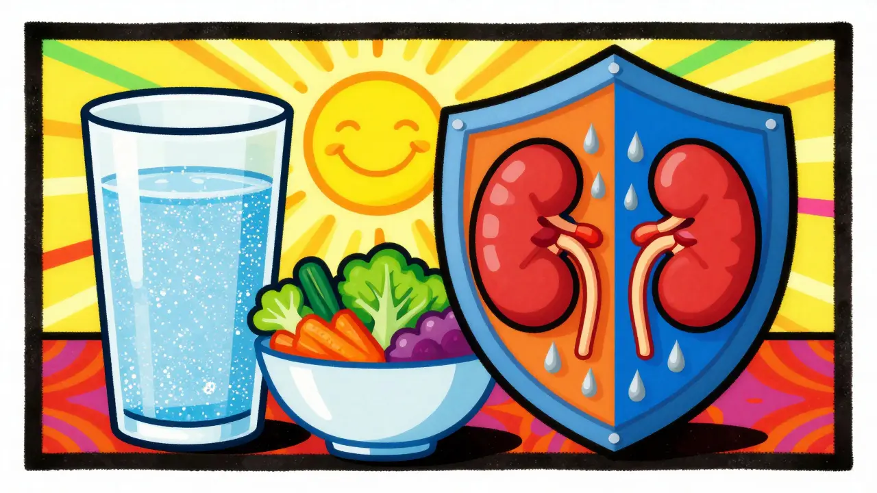 Saturated illustration of water and healthy food with a protective shield over kidneys.