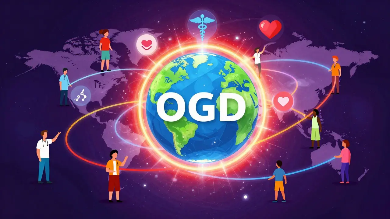 Vibrant illustration of a globe surrounded by medical symbols and connecting lines of communication.