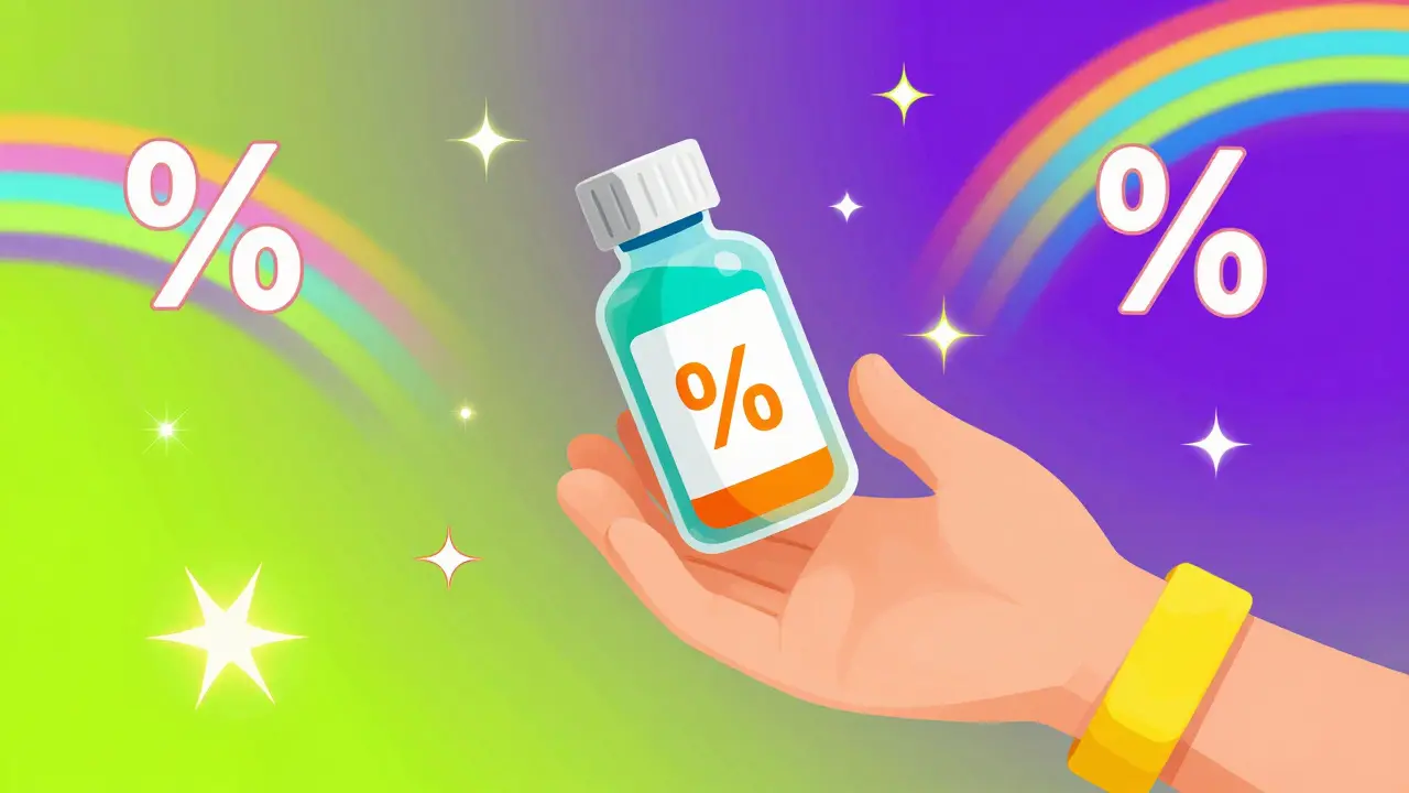 Vibrant illustration of a hand purchasing a medicine bottle online surrounded by rainbows and stars