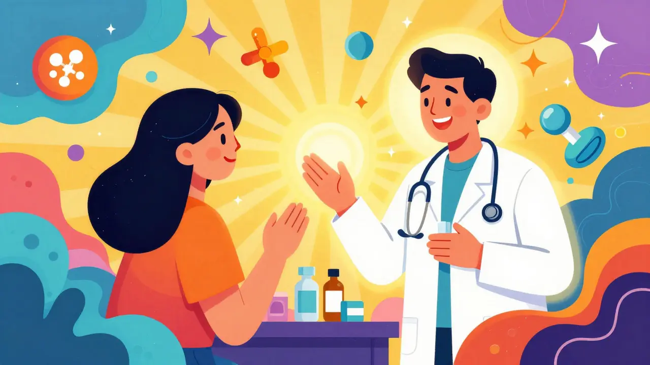 Vibrant illustration of a person consulting with a pharmacist amidst cosmic, colorful patterns.