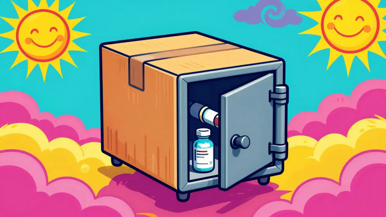 Whimsical illustration of a colorful medication package floating in a surreal, vibrant sky.